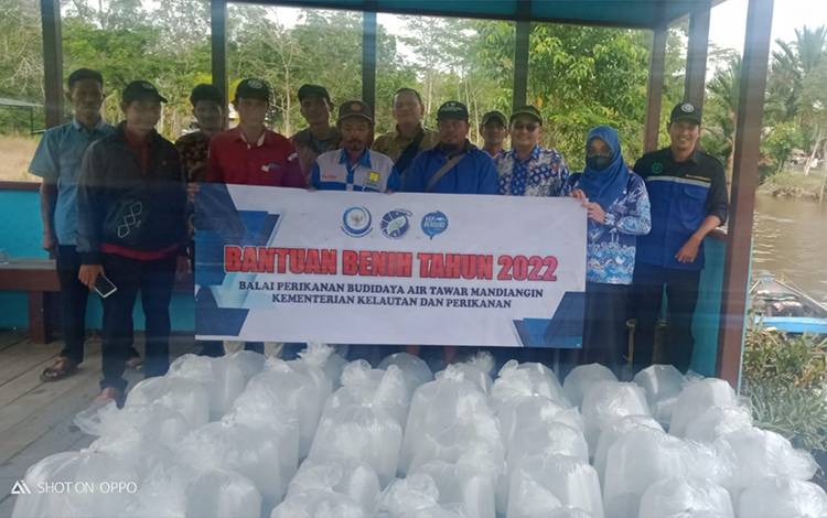 Penyaluran bantuan bibit ikan untuk Pokdakan di Desa Terusan Raya dan Terusan Mulya, Kecamatan Bataguh. (FOTO: IST)