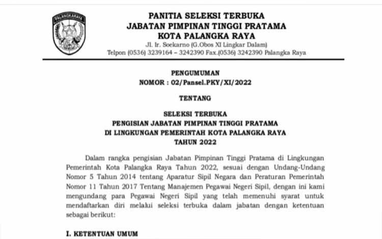 Pemko Palangka Raya Buka Seleksi 6 Jabatan Kepala Dinas