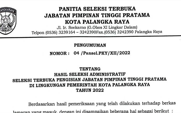 Ini Daftar Nama 25 Calon Kadis Pemko Palangka Raya yang Lulus Seleksi Berkas