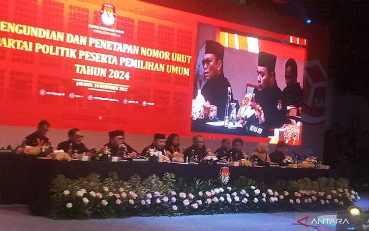 Pengundian dan Penetapan Nomor Urut Parpol Peserta Pemilu Tahun 2024 di Halaman Kantor KPU RI, Jakarta, Rabu (14/12/2022) malam. ANTARA/Tri Meilani Ameliya.