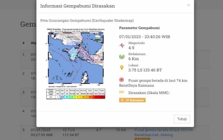 Gempa Bermagnitudo 4,9 Landa Kaimana Papua Barat