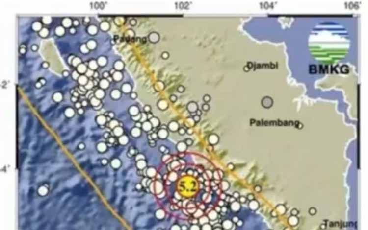 Peta gempa magnitudo 5,2 yang mengguncang wilayah Seluma, Bengkulu, Selasa (21/2/2023) pukul 03.13 WIB. ANTARA/HO-BMKG