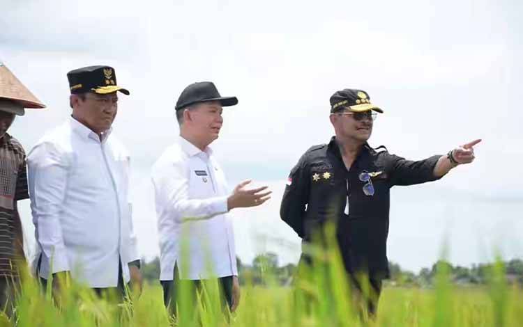 Bupati Kapuas, Ben Brahim S Bahat mendampingi Menteri Pertanian RI Syahrul Yasin Limpo meninjau lokasi food estate di Dadahup, baru-baru ini. (FOTO: IST)