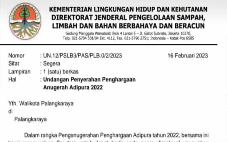 Dapat Undangan KLHK, Palangka Raya akan Terima Penghargaan Adipura