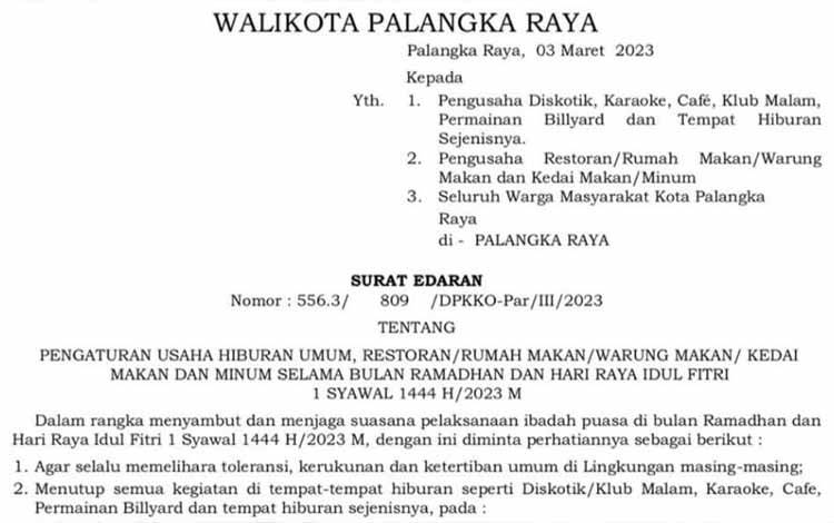 Diskotik di Palangka Raya Dilarang Buka Selama Ramadan 1444 H