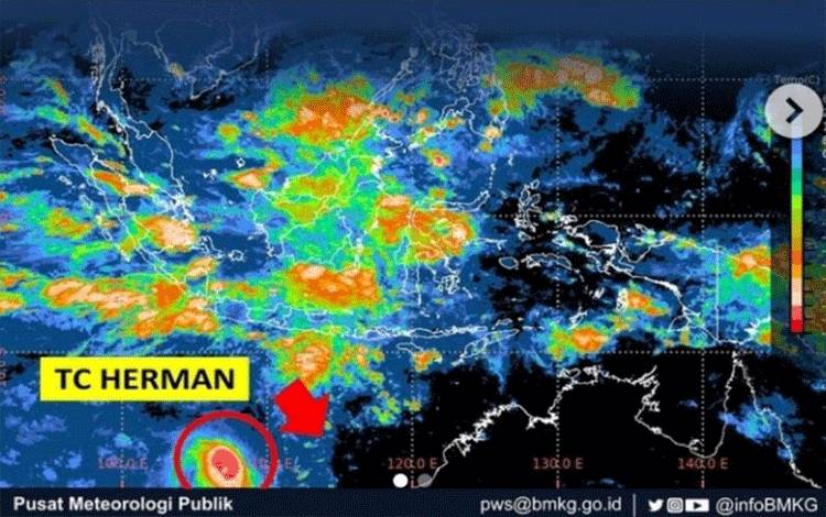 Tangkapan layar citra satelit yang dipublikasikan BMKG menunjukkan siklon tropis Herman terpantau di Samudera Hindia sebelah selatan Jawa, Sabtu (1/4/2023). (ANTARA/HO-BMKG)