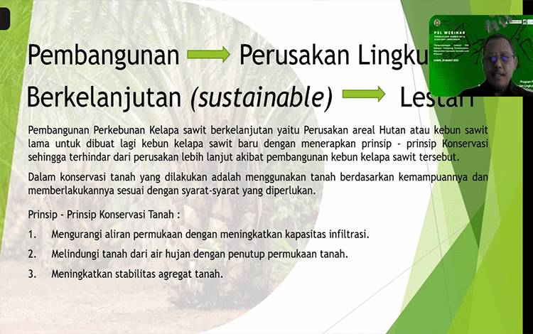 Komisaris Independen, PT Perkebunan Nusantara IV atau PTPN IV, Atas Wijayanto menyampaikan paparan dalam Webinar Mahasiswa Program Pascasarjana Pengelolaan Sumberdaya Alam dan Lingkungan, Universitas Sumatera Utara pada Rabu, 5 April 2023.(FOTO: TESTI PRISCILLA)