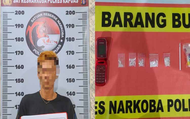 Terduga pelaku kasus sabu dan barang bukti diamankan Satresnarkoba Polres Kapuas. (FOTO: IST)