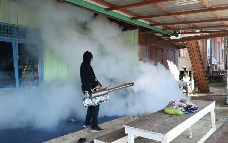 Petugas saat melakukan fogging di RT 1 Kelurahan Kurun, Kecamatan Kurun Kabupaten Gunung Mas, Kamis, 11 Mei 2022. (FOTO: RISKA YULYANA)?