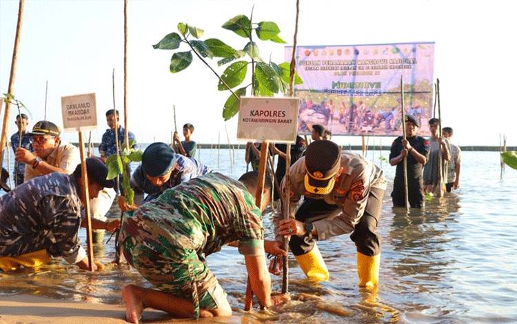 Cegah Abrasi, Kapolres Kobar Ikut Gencarkan Penghijauan Bibir Pantai Dengan Tanam 1.000 Bibit Mangrove