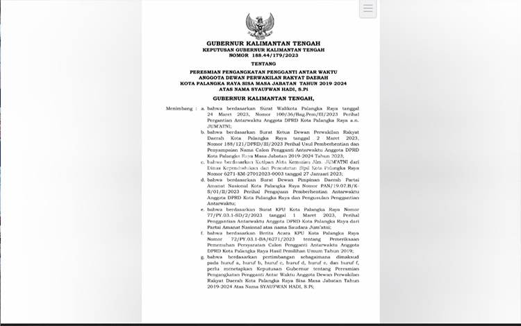 Almarhum Jum'atni Resmi Diberhentikan Anggota DPRD Palangka Raya, Syaufwan Hadi Penggantinya