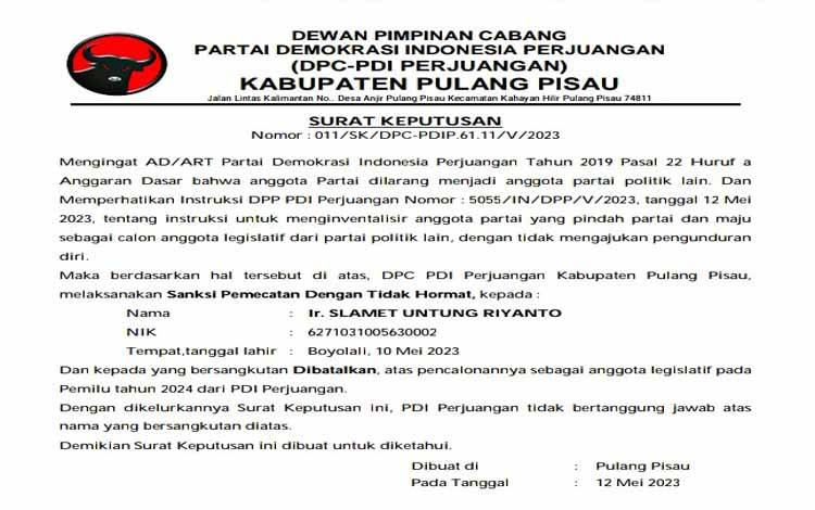 Terdaftar di Dua Parpol, Slamet Dipecat dari Kader PDIP Pulang Pisau dengan Tidak Hormat