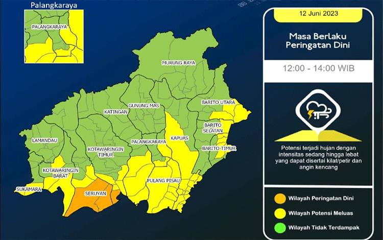 Seminggu Kedepan Kalteng Berpotensi Hujan Sedang Hingga Lebat, Suhu Tertinggi 33 Derajat