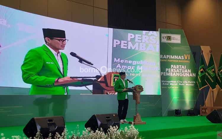 Ketua Badan Pemenangan Pemilu Partai Persatuan Pembangunan Sandiaga Salahuddin Uno dalam Rapat Pimpinan Nasional (Rapimnas) VI PPP VI di Hotel Sultan, Jakarta, Sabtu (17/6/2023). ANTARA/Narda Margaretha Sinambela