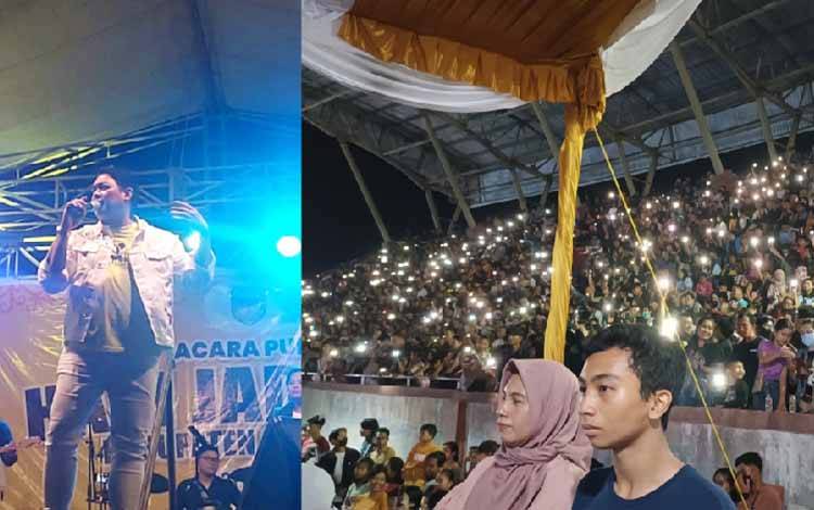 Donnie Sibarani saat bernyanyi di malam puncak perayaan HUT ke-21 Gunung Mas (kiri), situasi tribun Stadion Mini Kuala Kurun yang penuh (kanan). (FOTO: RISKA YULYANA)