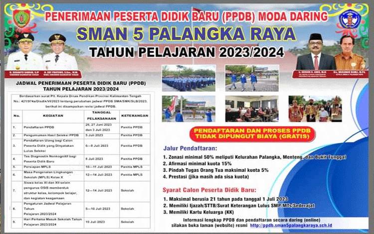 Pengumuman Penerimaan Peserta Didik Baru atau PPDB Moda Daring Tahun Pelajaran 2023/2024 SMAN 5 Palangka Raya.(FOTO: Rilis SMAN 5 Palangka Raya)