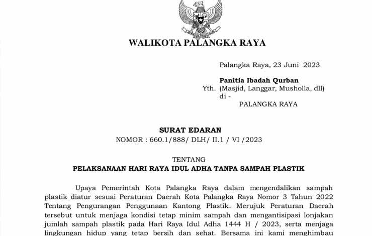 Wali Kota Palangka Raya Keluarkan SE Pelaksanaan Hari Raya Iduladha Tanpa Sampah Plastik