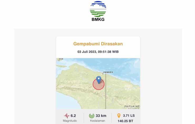 Gempa berkekuatan magnitudo 6,2 di Keerom, Papua, Senin (3/7/2023). (ANTARA/Twitter/@infoBMKG/AstridFaidlatulHabibah)