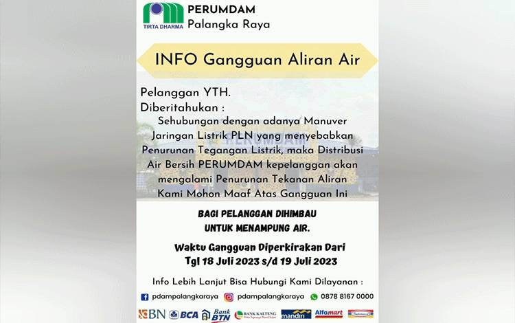 Tekanan Distribusi Air PERUMDAM Palangka Raya Melemah Dalam 2 Hari ke Depan