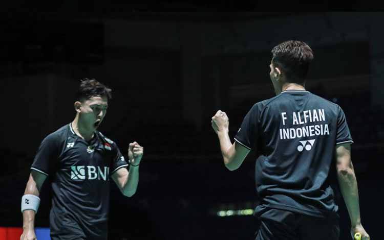 Ganda putra Fajar Alfian/Muhamamd Rian Ardianto saat berlaga pada babak perempat final Korea Open 2023 di Yeosu, Jumat. (ANTARA/HO-PP PBSI)