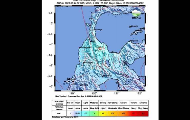 Peta pusat gempa di wilayah timur laut Sigi, Sulawesi Tengah, Minggu (6/8/2023). (ANTARA/HO-BMKG)