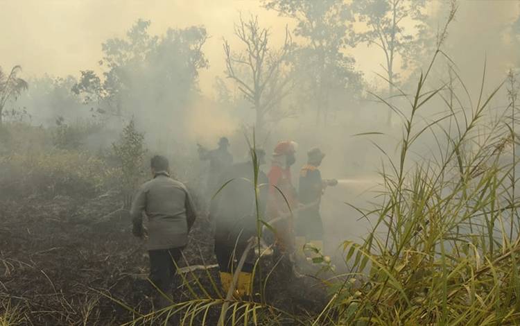 Tim Satgas Karhutla Kapuas saat lakukan upaya pemadaman kebakaran lahan di Dadahup. (FOTO: IST)
