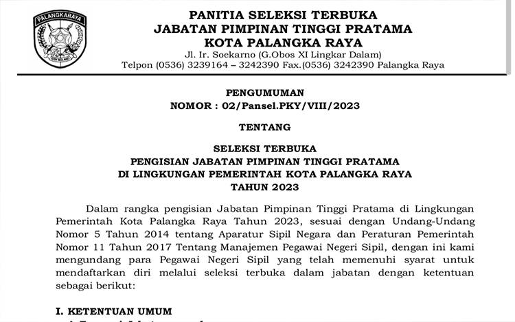 Pemko Palangka Raya Buka Seleksi 8 Jabatan Pimpinan Tinggi Pratama