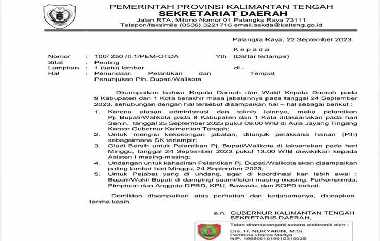 Breaking News: Sekda Kalteng Sampaikan Informasi Pj dan Plh Bupati dan Walikota