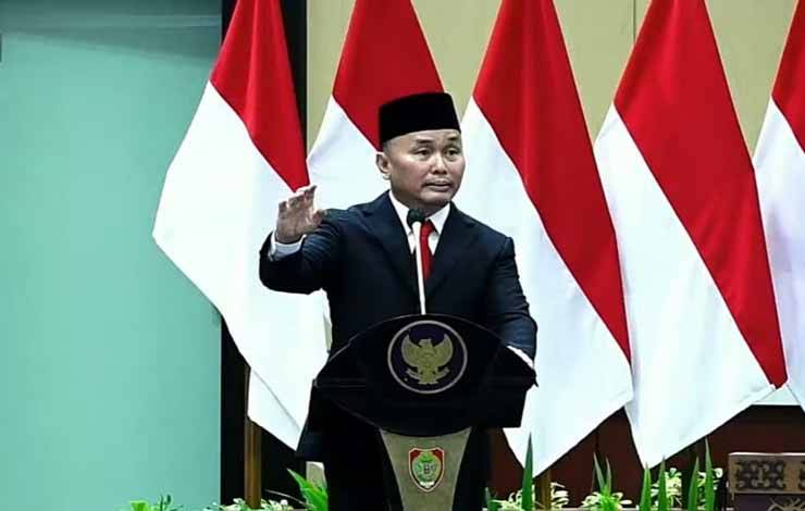 Gubernur Kalimantan Tengah, Sugianto Sabran memberikan pidato dalam pelantikan 10 kepala daerah pada Senin, 25 September 2023.(FOTO: TESTI PRISCILLA)