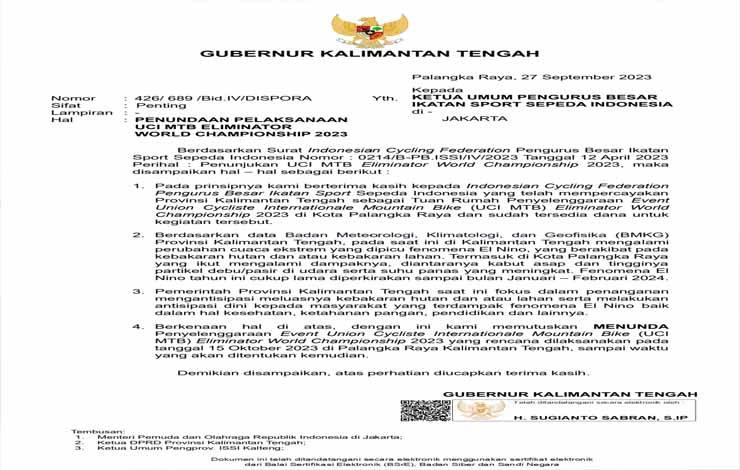 Gubernur Kalteng Tunda UCI MTB Eliminator World Championship 2023 karena Kabut Asap