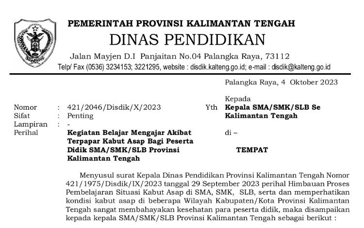 Disdik Kalteng Keluarkan SE Pembelajaran Tatap Muka Ditiadakan Selama 3 Hari