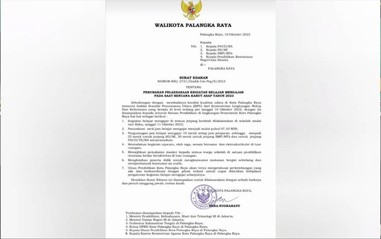 Pj Wali Kota Palangka Raya Keluarkan Surat Edaran Kembali Masuk Sekolah