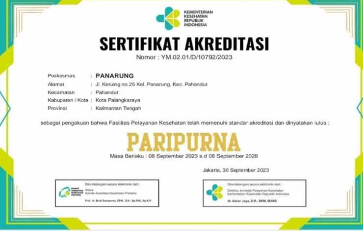 UPTD Kelurahan Panarung Dianugerahi Sertifikasi oleh Kementerian Kesehatan