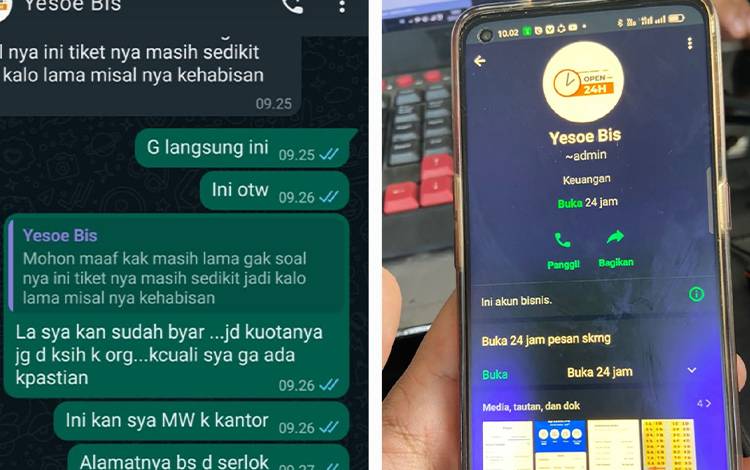 Tangkapan layar percakapan korban dan oknum penipuan tiket yang mengatasnamakan PO Yessoe Travel. (FOTO: DANANG)