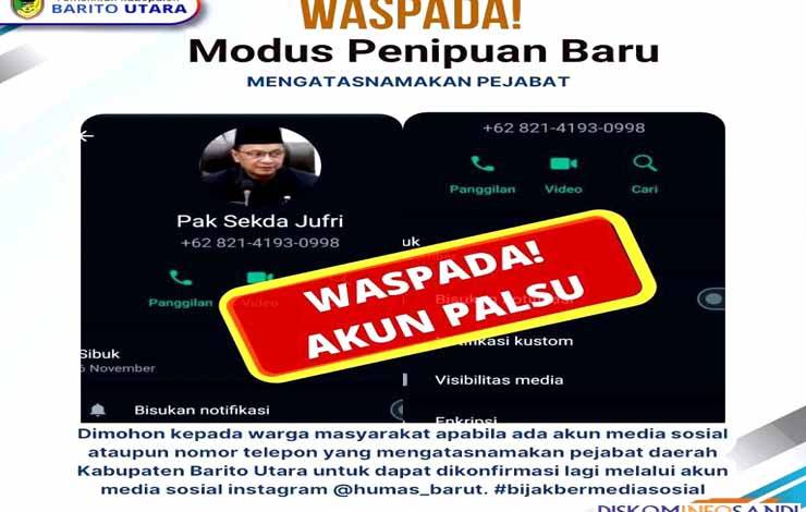 Akun palsu mengatasnamakan Pj Sekda Barito Utara, Jufriansyah beredar di media sosial (medsos). (foto: Dhani)