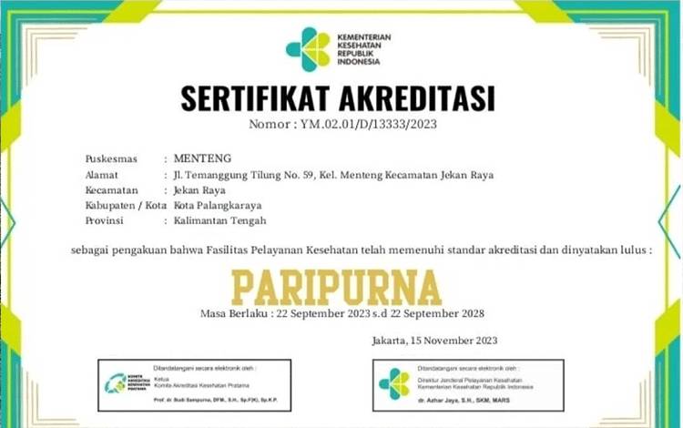 Puskesmas Menteng Palangka Raya Raih Predikat Paripurna dari Kementerian Kesehatan