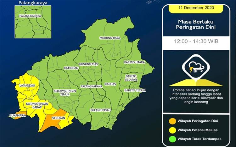 Kondisi Cuaca Kalimantan Tengah Berpotensi Hujan Lebat Sepekan ke Depan