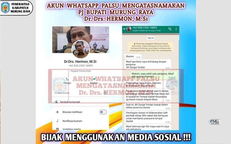 Beredar Akun WhatsApp Palsu Pj Bupati dan Pj Sekda Mura, Masyarakat Diminta Tidak Tertipu