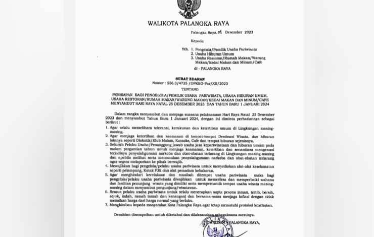 Pj Wali Kota Palangka Raya Keluarkan Surat Edaran Menyambut Nataru 2024