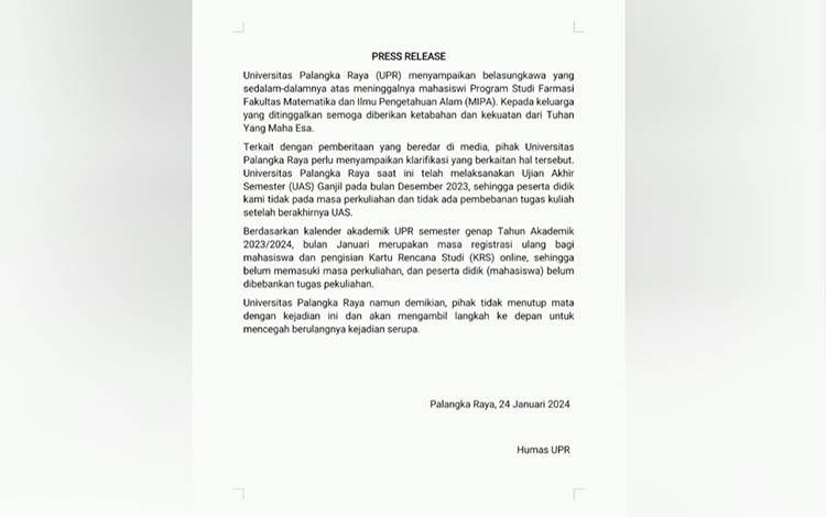 UPR Klarifikasi soal Mahasiswi Bunuh Diri, Tidak Ada Tugas Kuliah di Bulan Januari