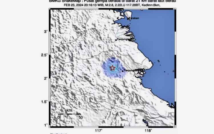Gempa Tektonik Magnitudo 2,8 Guncang Berau Kaltim
