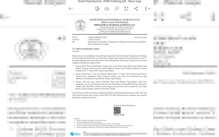 Beredar Surat Dirjen Kebudayaan Terkait Gedung KONI, Sekda Kalteng Sebut Belum Terima Fisik