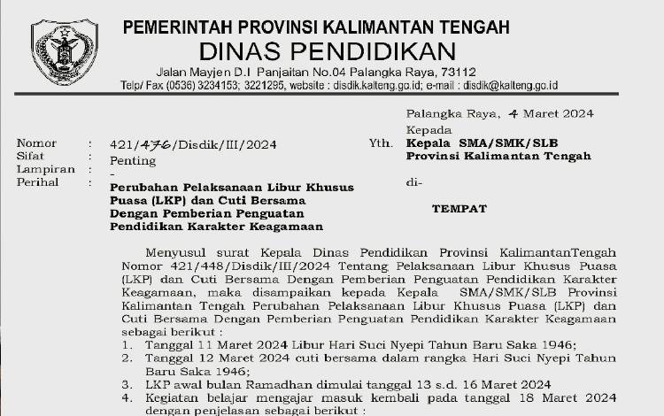 Disdik Kalteng Tetapkan Libur Khusus Puasa dan Cuti Bersama, Baca...