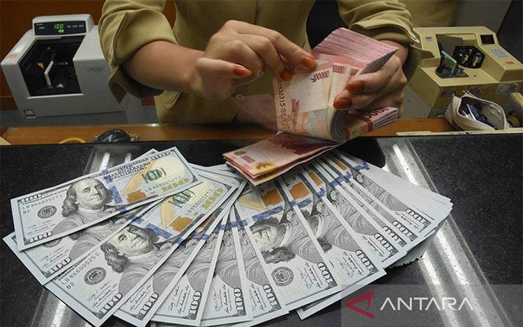 Petugas kasir menghitung mata uang rupiah di gerai penukaran mata uang asing Ayu Masagung, Kwitang, Jakarta Pusat, Senin (25/2/2019). Nilai tukar rupiah terhadap dollar AS pada perdagangan pasar spot Senin (25/2/2019) ditutup menguat Rp14.015 atau menguat 0,28 persen dibandingkan posisi penutupan perdagangan akhir pekan lalu. (ANTARA FOTO/Indrianto Eko Suwarso/wsj.)