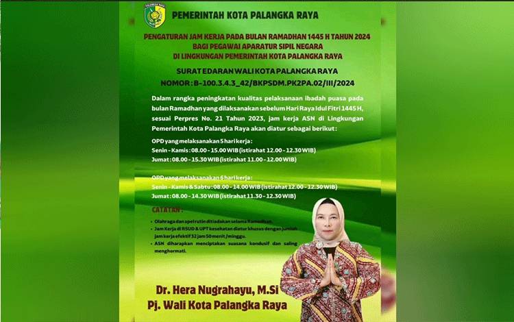 Pemko Palangka Raya Tetapkan Jam Kerja ASN Selama Ramadan, Simak...