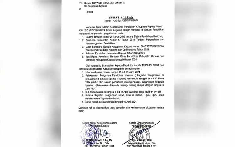 Ramadan 1445 H, Disdik Kapuas Keluarkan Edaran Penyesuaian Kegiatan Belajar Mengajar di Sekolah