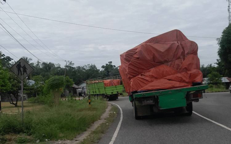 Kondisi Jalan Trans Kalimantan Palangka Raya-Kuala Kurun saat terdapat truk bermuatan. (Foto: MARINI)