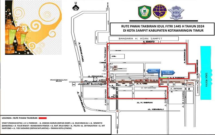 Rute Pawai Takbiran 1445 Hijriah yang disiapkan Dinas Perhubungan Kabupaten Kotawaringin Timur. (FOTO: DEWIP)