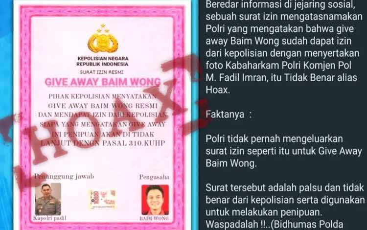 Surat Izin Give Away Baim Wong ke Polri Hoax