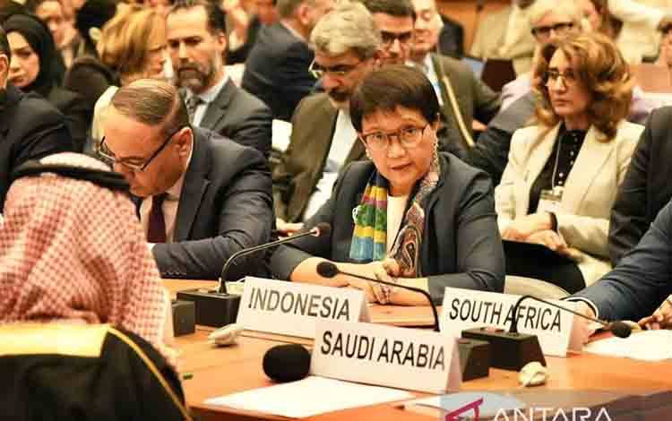 Arsip - Menteri Luar Negeri Indonesia Retno Marsudi berbicara pada Ministerial High-Level Event mengenai situasi HAM di Palestina yang berlangsung di Jenewa, Swiss, pada Selasa (12/12/2023). ANTARA/HO-platform X Menlu_RI/aa